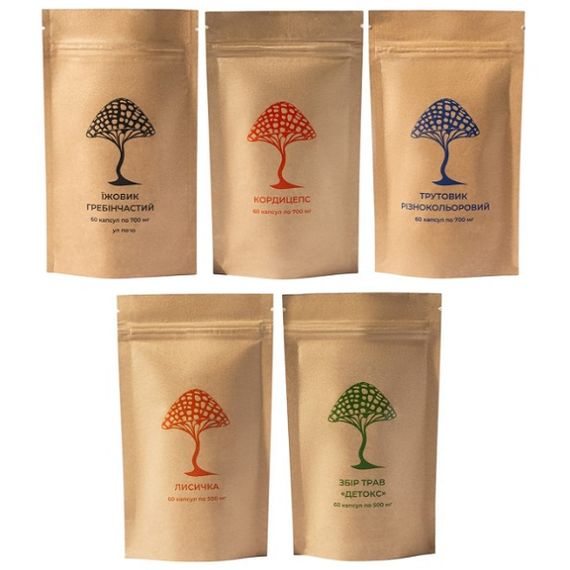 Грибний комплекс Дідусь Мухомор Набір “Активне життя” (4 вида грибів + Збір трав “Детокс”) 60 + 60 + 60 + 60 + 60 капсул