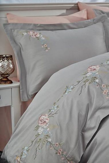 Постельное белье с вышивкой Dantela vita Ruya gri Сатин Хлопок Евро размер (4 наволочки)