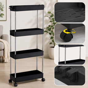 Этажерка напольная на колесиках only Black AND 220-4  / Полка напольная на колесах / Передвижной органайзер 4 полки