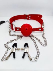 Кляп DS Fetish Ball gag with nipple clamps red Sex Aura