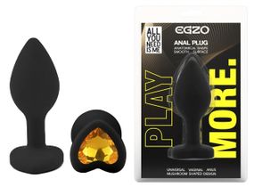 Анальна пробка EGZO Silicone Black Heart Plug S, чорна силіконова пробка з жовтим серцем Sex Aura