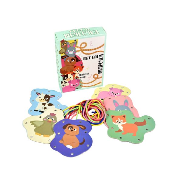Розвиваюча гра "Веселі шнурочки Тварини" 30522, 6 картинок, кольорові шнурки | Зображення 1