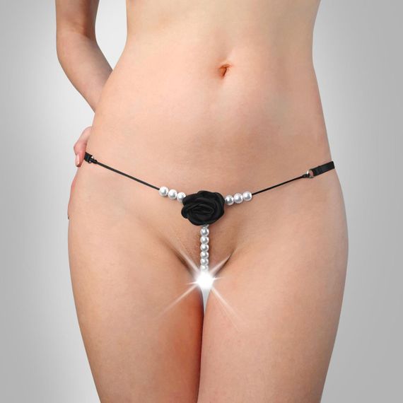Сексуальные трусики с жемчугом и розочкой Aurora черные, размер L-2XL sexstyle