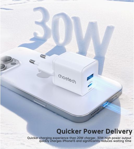 Мережевий зарядний пристрій Choetech PD5012-EU-WH, USB-A/USB-С | Зображення 5
