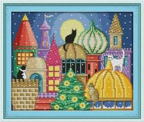 Набір для вишивання хрестиком за нанесеною на канву схемою "The cat city". AIDA 14CT printed, 30*25 см