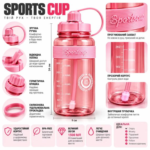 Спортивная бутылка для воды SPORTS CUP 1500 мл ударопрочная с прорезиненным захватом прозрачная розовая для спорта и фитнеса | Зображення 2
