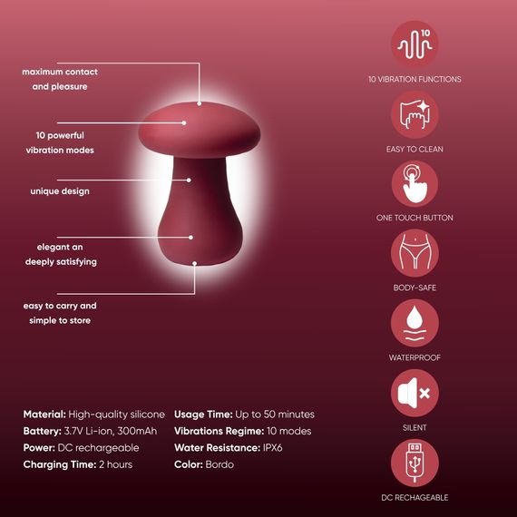 Вібратор у формі гриба Sweet Em, бордовий Sex Aura | Зображення 4