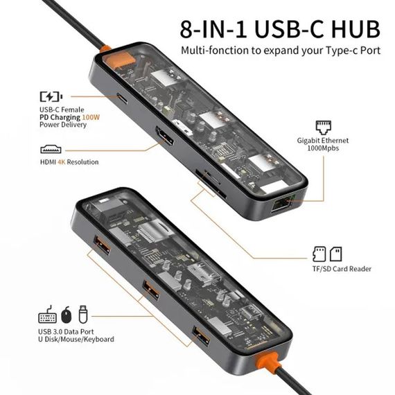 Перехідник HUB WIWU Cyber hub CB008 8 in 1 Grey | Зображення 2