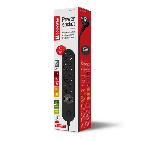 Мережевий фільтр живлення ColorWay CW-CHE44PDB, 4 розетки/4USB 2M (CW-CHE44PDB) | Зображення 4