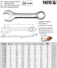 Ключ комбінований короткий CrV М=16 мм l=121 мм YATO YT-4909