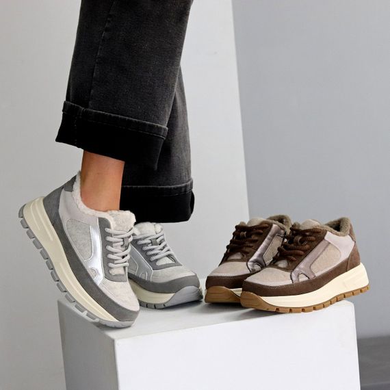 Дизайнерські комбіновані фетрові зимові кавово-бежеві кросівки | Зображення 8
