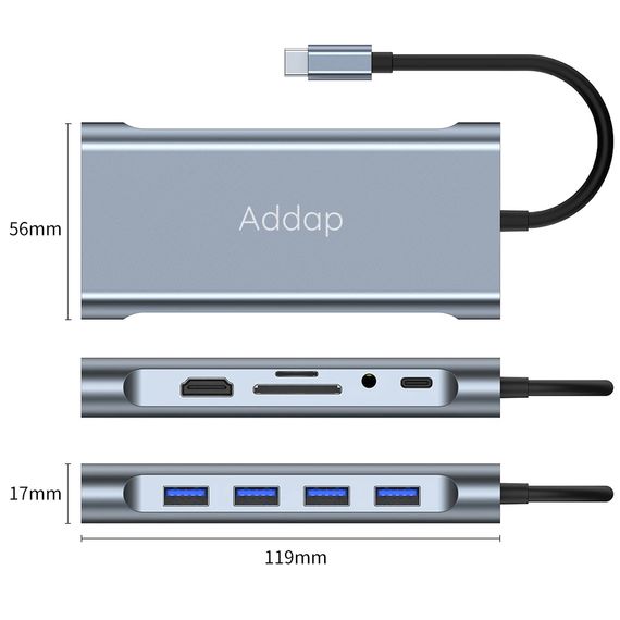 11в1 Type-C хаб для ноутбука Addap MH-13, многофункциональный разветвитель: 4 x USB 3.0 + Type-C + HDMI + VGA + Ethernet + SD + MicroSD + 3.5mm | Зображення 4