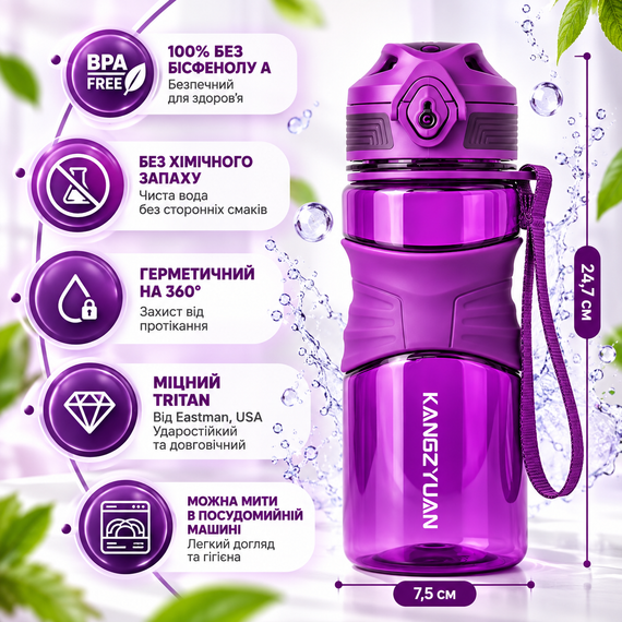 Бутылка для воды KANGZYUAN 450 мл фиолетовая спортивная из тритана Tritan BPA Free ударопрочная с кнопкой и ремешком | Зображення 2