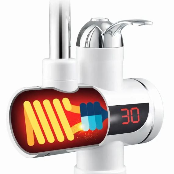 Проточный водонагреватель с душевой лейкой до 60°С, 3 кВт, Delimano Белый FT001 Душ с подогревом воды / Водонагреватель с экраном | Зображення 5