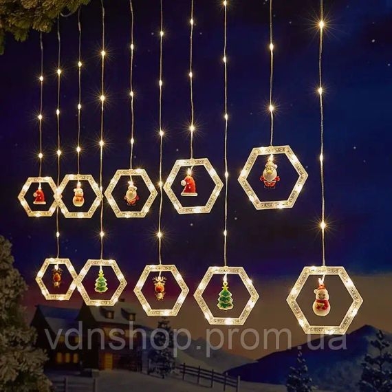 Анимированная гирлянда штора / Шестигранный новогодний декор Рождественский AND SF-48 | Зображення 3