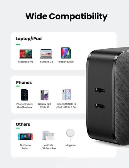 Мережевий зарядний пристрій Ugreen CD216 66W 2xType-C PD Charger (Black) (UGR-70867) | Зображення 3