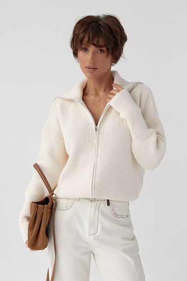 В'язаний кардиган на блискавці з високим коміром - молочний цвет, ONE SIZE (є розміри) | Зображення 4