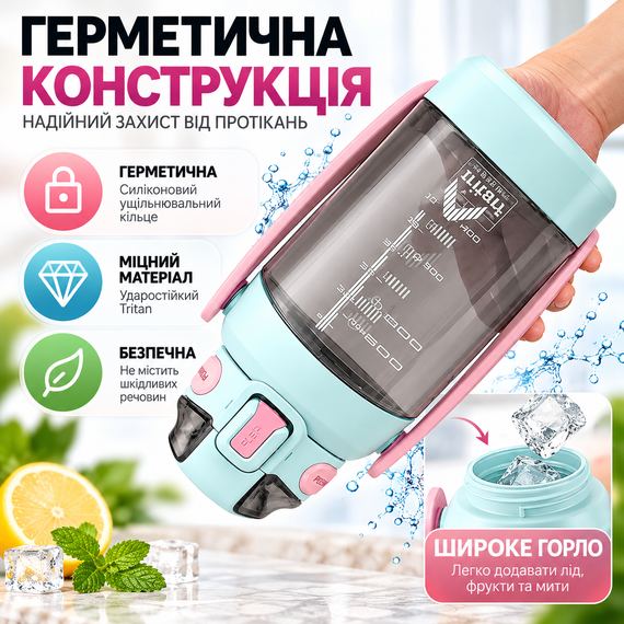 Бутылка для воды TKK 1400 мл бирюзовая спортивная из тритана Tritan BPA Free, с трубочкой, ручкой и ремешком | Зображення 6