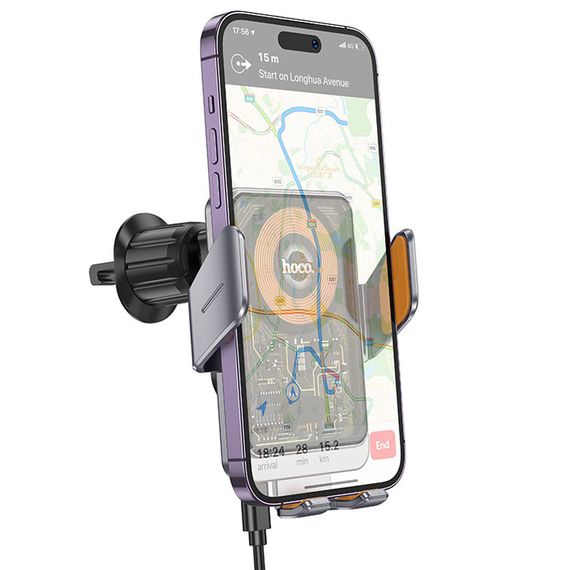 Автодержатель с БЗУ Hoco HW7 Transparent Discovery Edition (air outlet) Metal gray | Зображення 1
