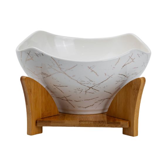 Салатниця га бамбуковій підставці з виделкою і ложкою 22*22*14 см Білий HP1228 | Зображення 6