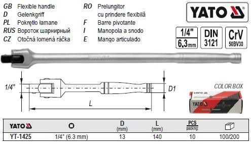 Вороток шарнірний квадрат 1/4" L-140 мм YATO YT-1425