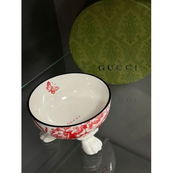 Брендовая керамическая миска для животных собак и котов GUCCI с цветам на лапках, красная | Зображення 4