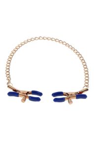 Золотисті затискачі для сосків Sex & Mischief Cougar Chained із синіми наконечниками sexstyle