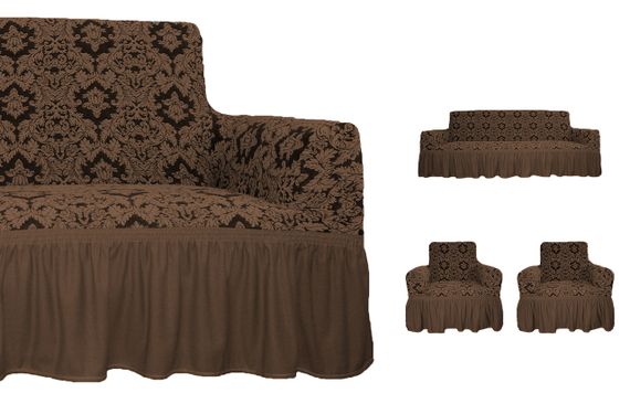 Жакардовый чохол на диван + 2 крісла Damask зі спідницею, коричневий