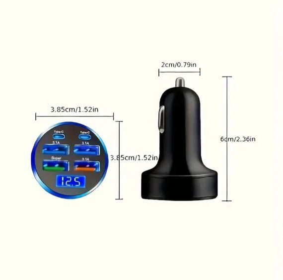 Автомобильное зарядное устройство USB-C с дисплеем напряжения, 4 USB и 2 PD порта, QC3.0, Super Fast зарядка | Зображення 9