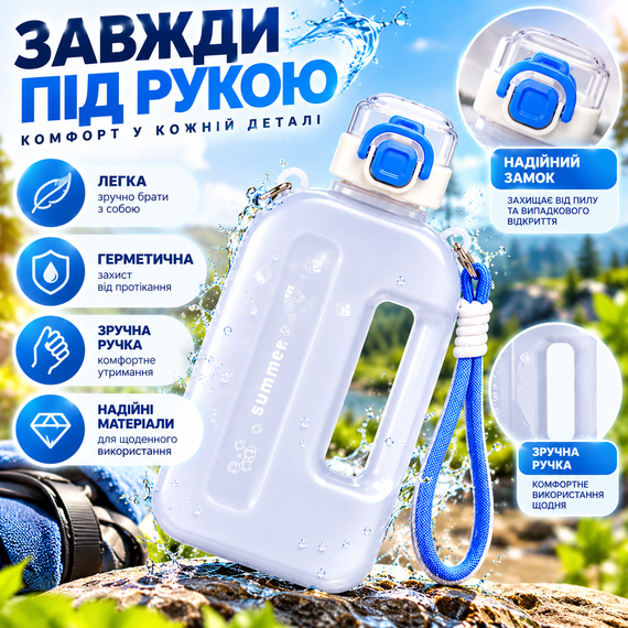 Спортивная бутылка для воды SUMMER 750 мл с ремешком - многоразовая из эко-пластика BPA-free, герметичная крышка, белый градиент | Зображення 7