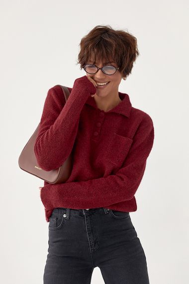 Тепла кофта-поло з накладною кишенею - темно-червоний цвет, ONE SIZE (є розміри)