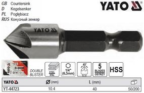 Зенкер коничний по металу HSS Ø=10.4 мм l=40 мм HEX-1/4" YATO Польща YT-44723