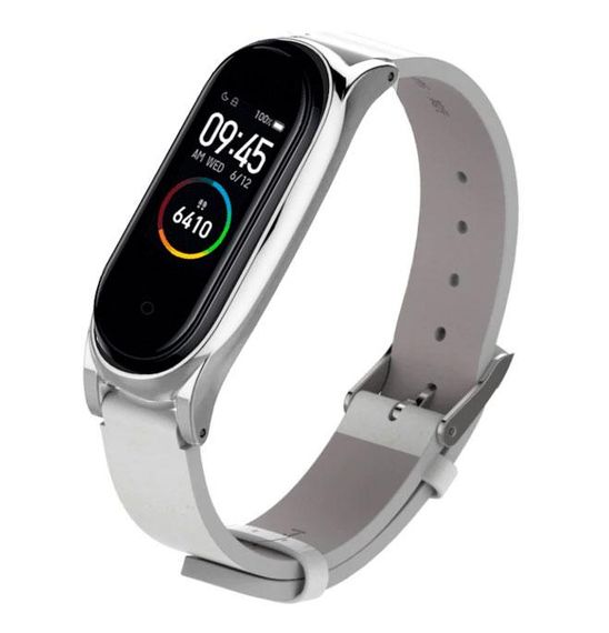 Шкіряний ремінець Primo Mijobs для фітнес-браслета Xiaomi Mi Band 5 - White&Silver | Зображення 1