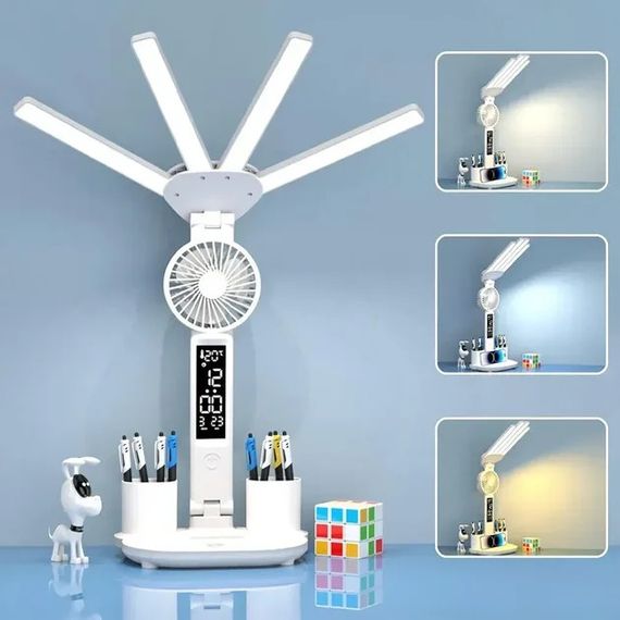 Настільна LED-лампа KRX-1011 з вентилятором, годинником і підставкою | Зображення 2