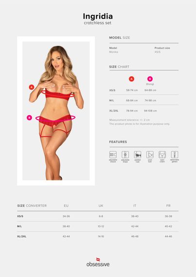 Комплект Obsessive Ingridia 2-pcs crotchless set XL/2XL, красный, с доступом, открытая грудь | Зображення 4