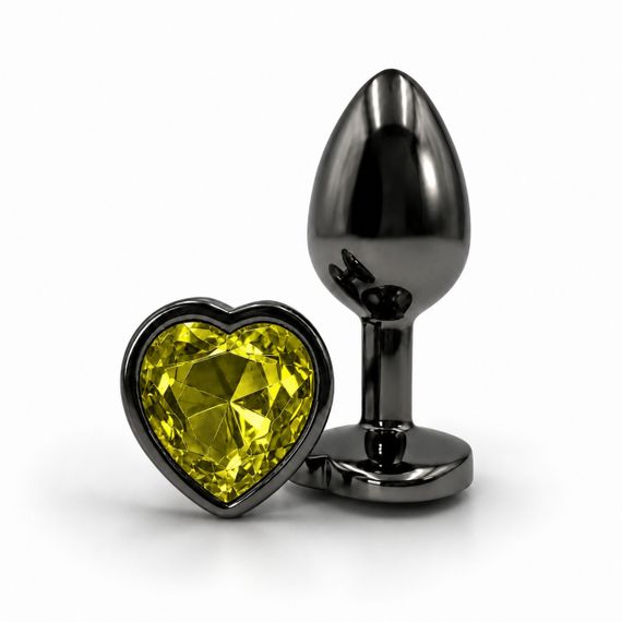 Анальна пробка, S, ALUME чорна з жовтим каменем у формі серця, 7.1 x 3.2 см Sex Aura