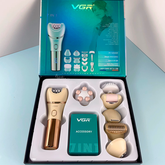 Епілятор VGR 7 в 1 V-756 Gold, 7 насадок, водонепроникний корпус класу IPX7 (46271-V-756 GOLD_733) | Зображення 9