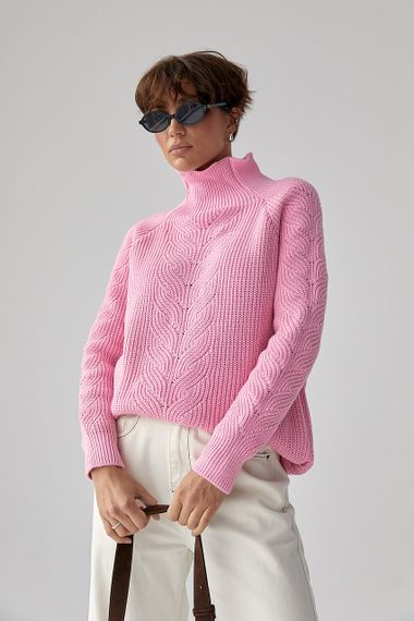 В'язаний жіночий светр із косичками - рожевий цвет, ONE SIZE (є розміри)