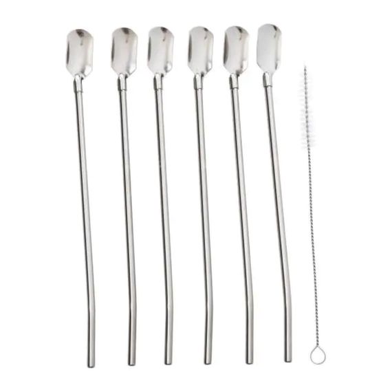 Набір багаторазових ложок-трубочок 6 шт для напоїв 22 см зі щіткою для миття з нержавіючої сталі Сірий HP-20-19