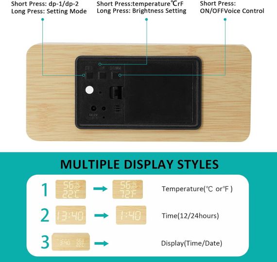 Цифровой будильник LAOPAO с беспроводной зарядкой, LED-дисплеем, 3 будильниками, температуры и влажности | Зображення 5