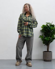 Женская фланелевая рубашка в клетку на пуговицах свободная, MN0003  цвет оливковый, размер S/M