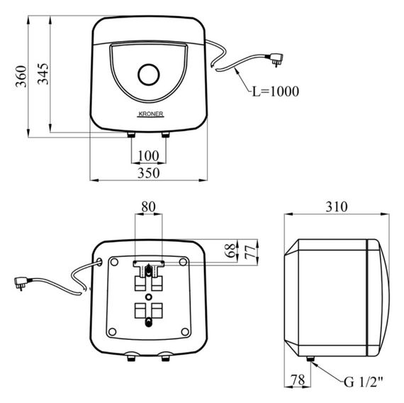 Водонагрівач Kroner Small K15SA1.5 1500 Вт, "мокрий" ТЕН, 15 л, квадратний, вертикальний, над мийкою, білий (CV034584) | Зображення 1