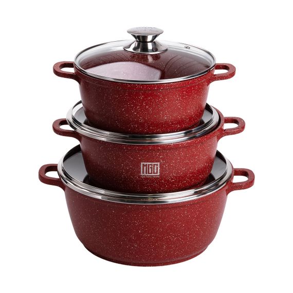 Набір із трьох алюмінієвих каструль із товстим дном та кришками з антипригарним покриттям MGC HP-4-408 | Зображення 3