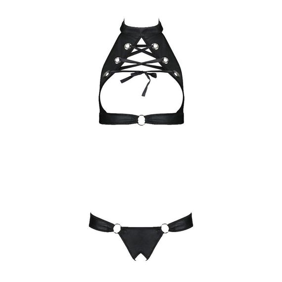 Комплект із екошкіри Passion MALWIA SET with Open Bra 4XL/5XL black, топ та трусики з люверсами Sex Aura | Зображення 2