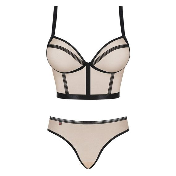 Комплект Obsessive Nudelia бюстьє з трусиками, бежевий з чорним, S/M | Зображення 2