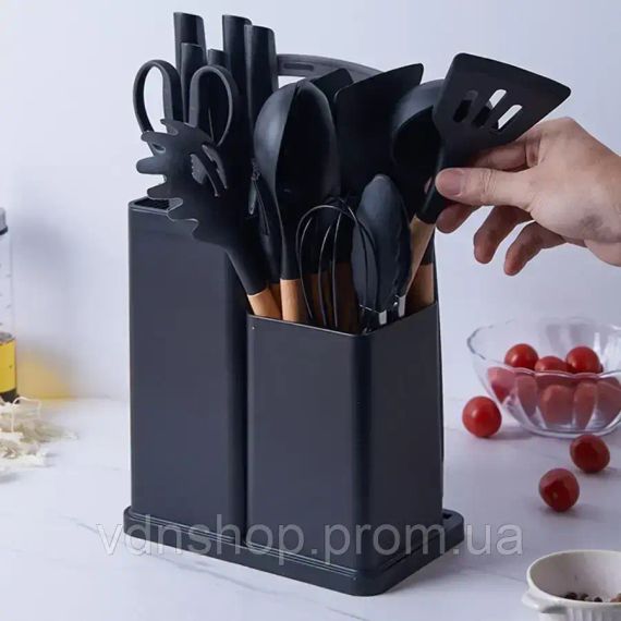 Черный Набор кухонных принадлежностей 19 предметов с двойной подставкой доской набором ножей ZP-0102