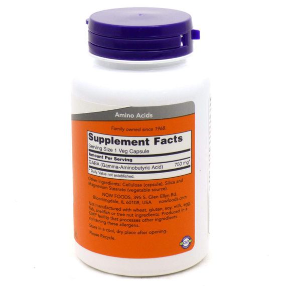 Гамма-аміномасляна кислота (GABA), Now Foods, 750 мг, 100 капсул | Зображення 1
