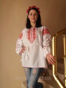 Вышиванка  женская орнамент "Бесконечник"  Цвет: белый. Цвет вышивки: белый, синий,красный домотканное полотно красная вышивка