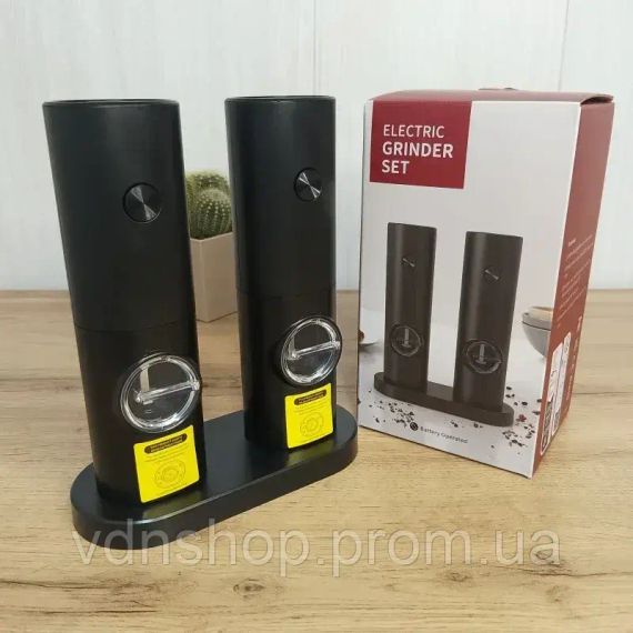 Млин для спецій, перцю та солі, електромлин на акум-ре з підсвічуванням 2 шт з підставкою Grinder Set BLACK | Зображення 5