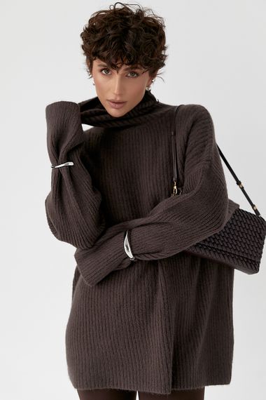 Тепла в'язана туніка в рубчик - коричневий цвет, ONE SIZE (є розміри)